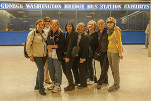 The WOCAS walking group gathering at the George Washington Bridge Bus Station Exhibit in Upper Manhattan.